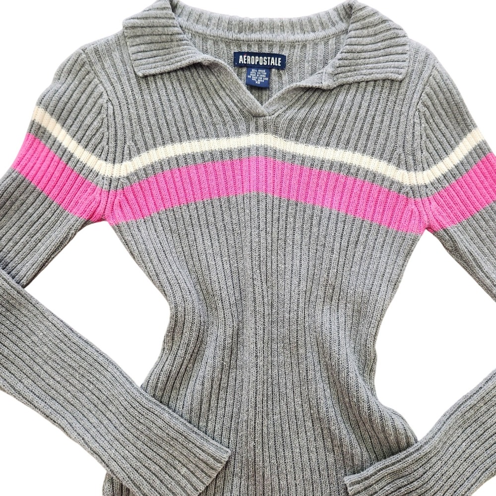 Y2k Ribbed Sweater Gray & Pink Collared Aeropostale XS‎
